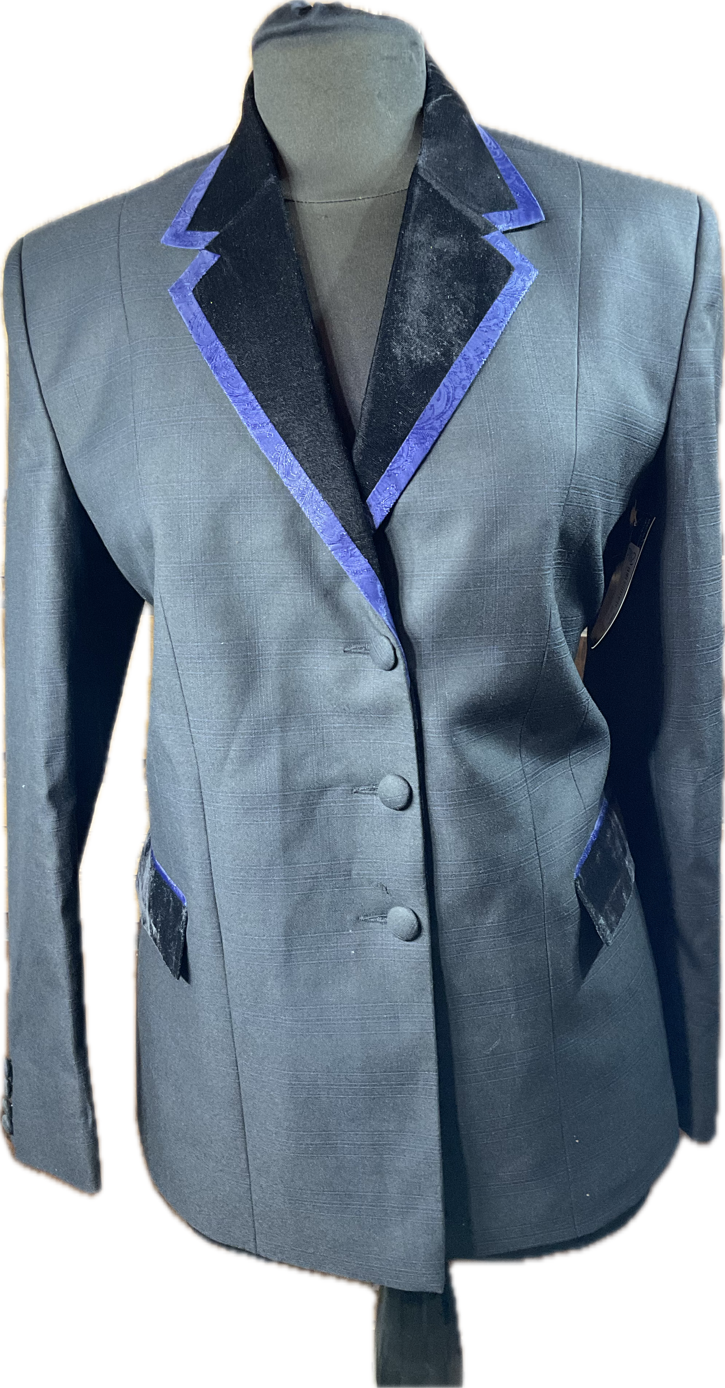 *42 Bust* Halter Coat* Charcoal grey/navy plaid with navy trims with hidden zipper behind the buttons.