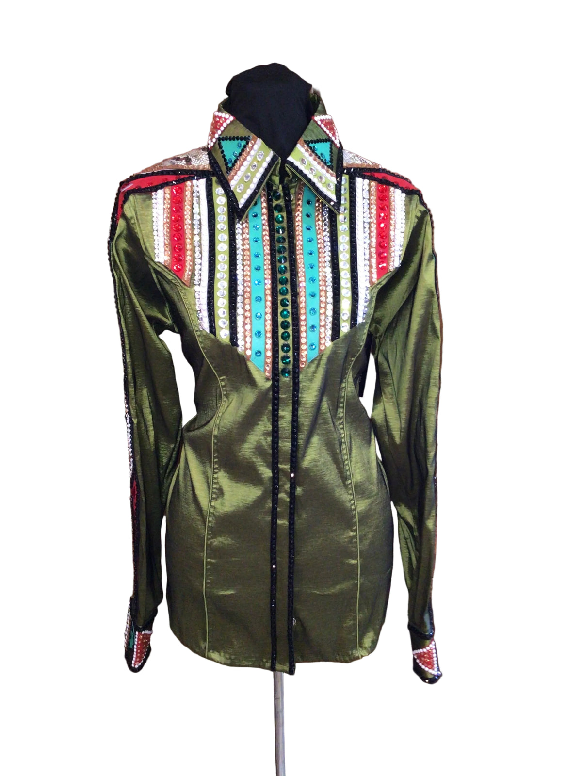 XL Green Stretch Taffeta Day Shirt with Multicolored Shoulder and Arm Detail