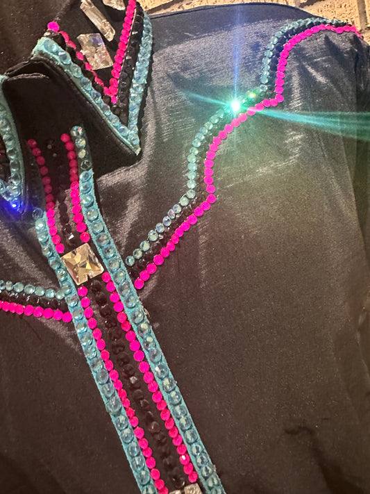 XL Black Day Shirt stretch taffeta with neon pink and aqua