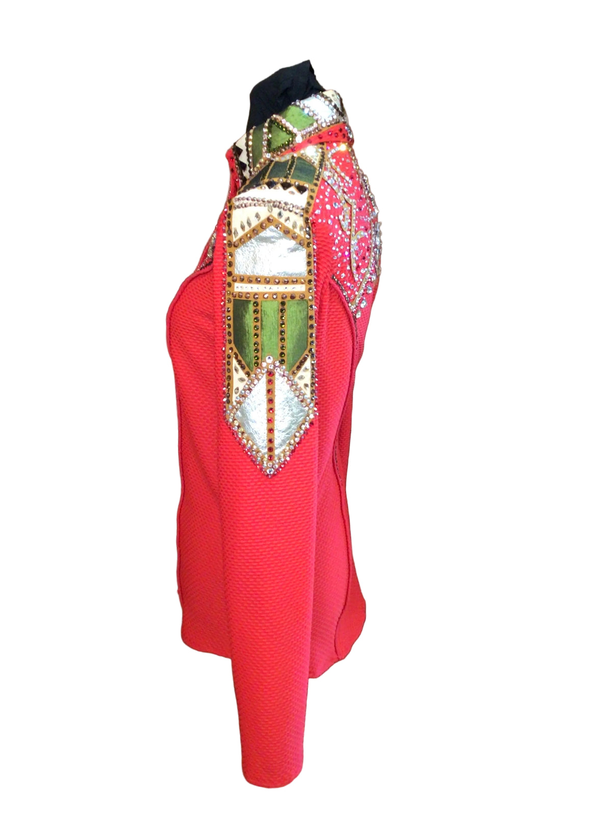 Medium Red Textured Stretch Lycra with Green and Silver Shoulder and Sleeve Details