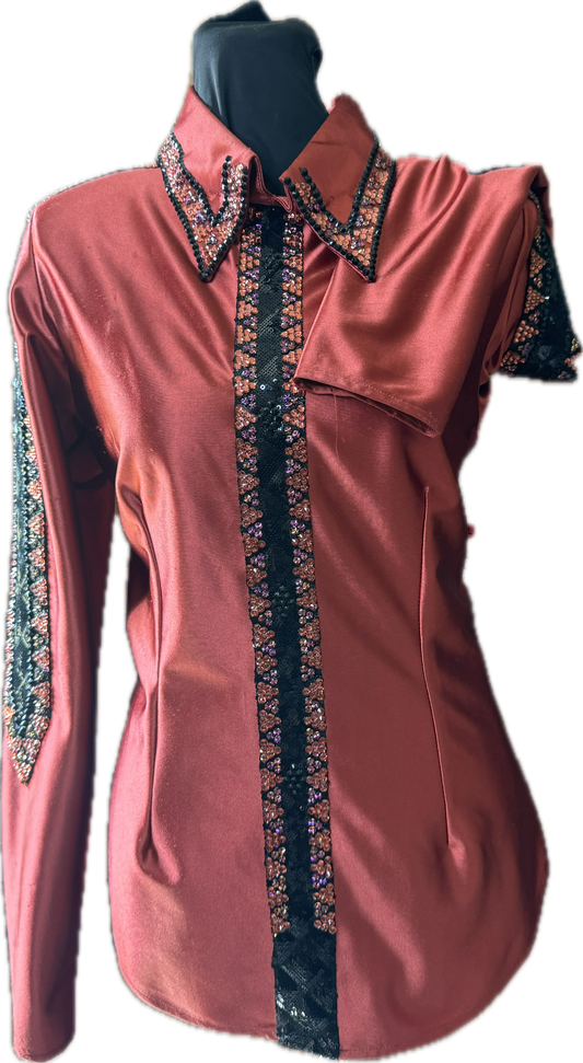 Size Large rust stretch backzip with black accents