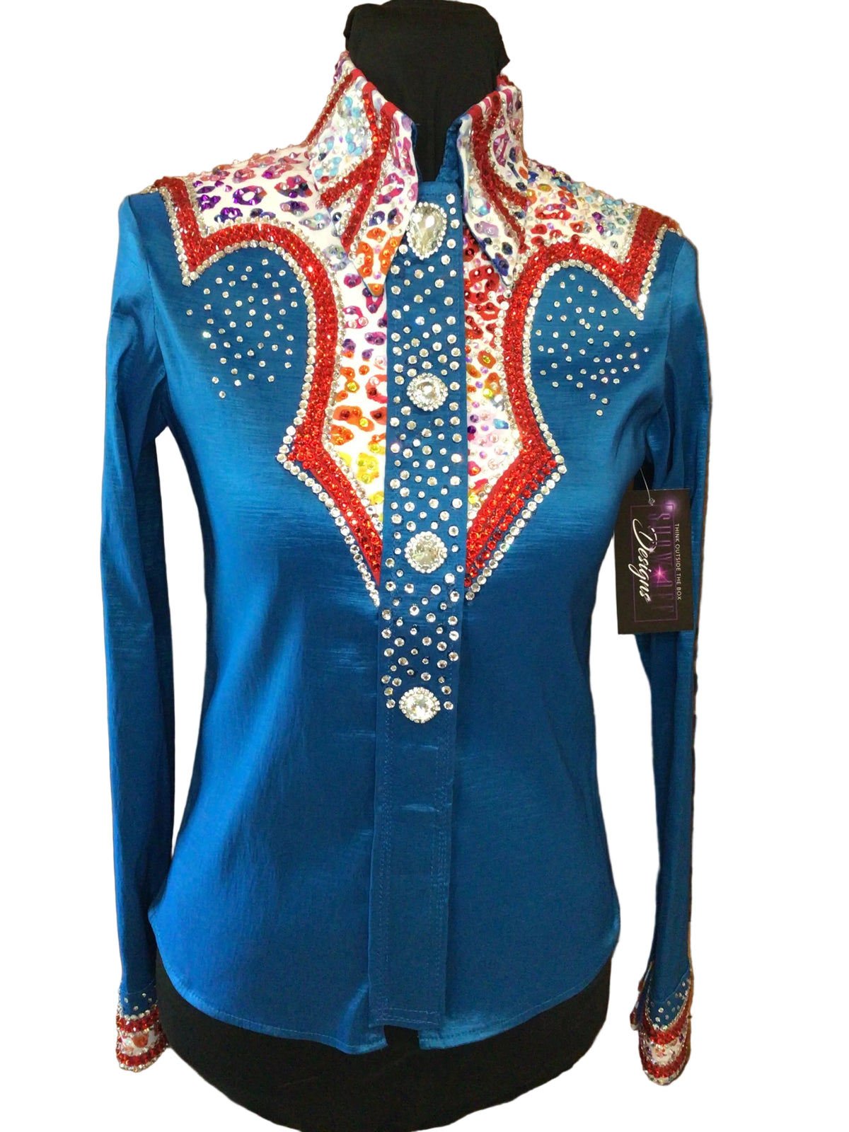 XS Turquiose Stretch Taffeta Day Shirt with Colorful Leopard Print Red Details