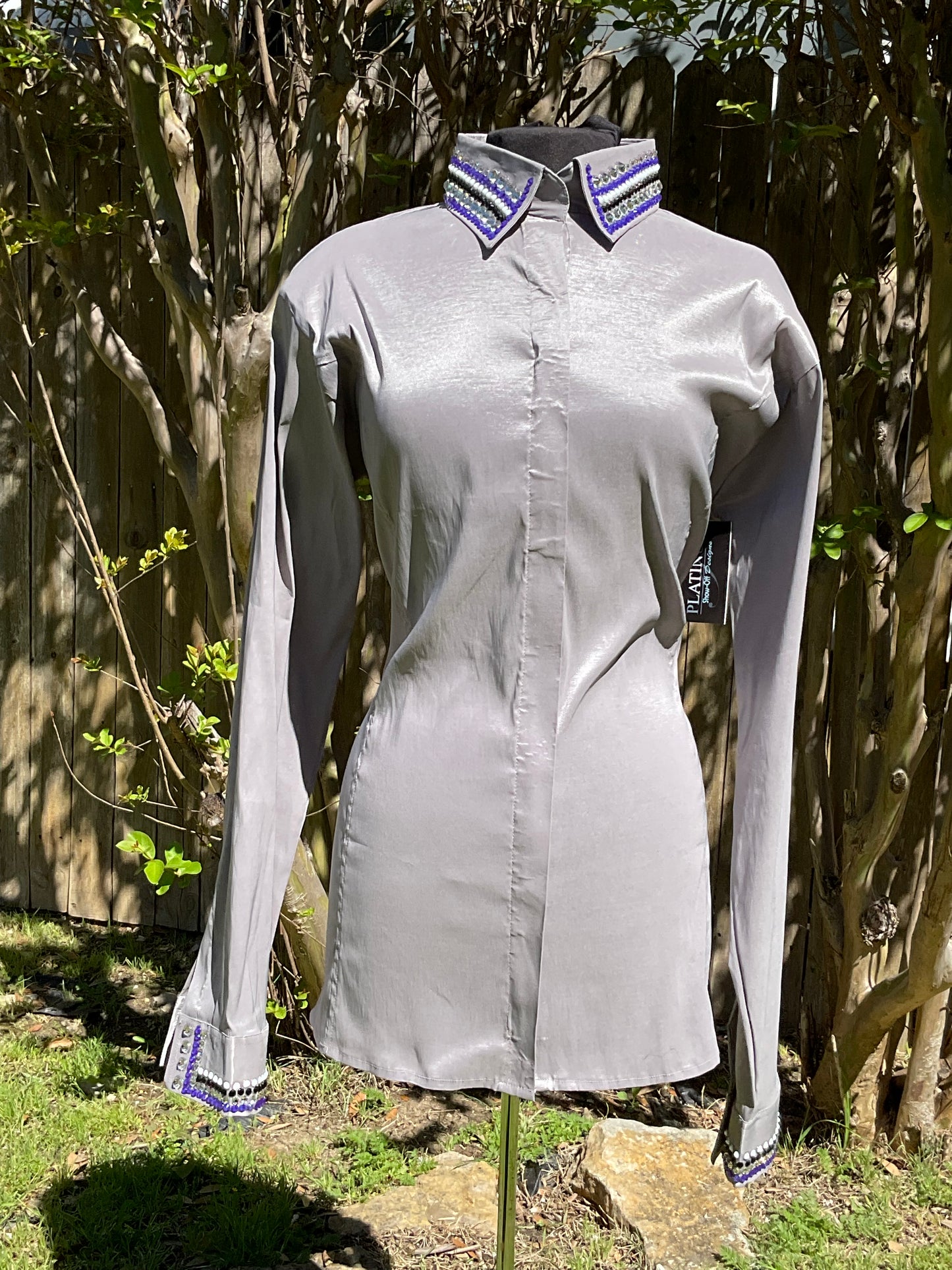 5XL Grey Shirt hidden zipper stretch taffeta with purple and black