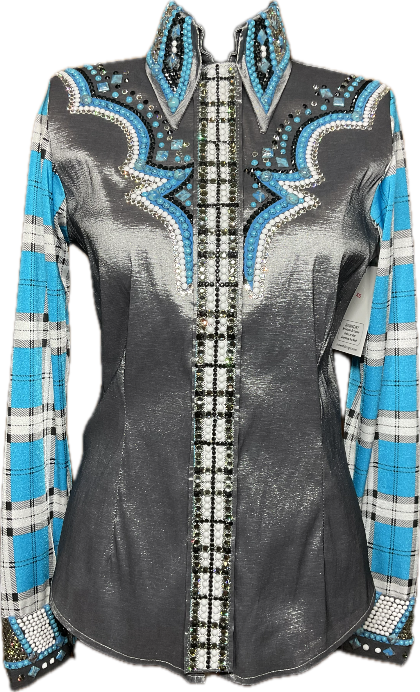 Extra Small Charcoal Stretch Taffeta Reto Style Day Shirt with Plaid Sleeves