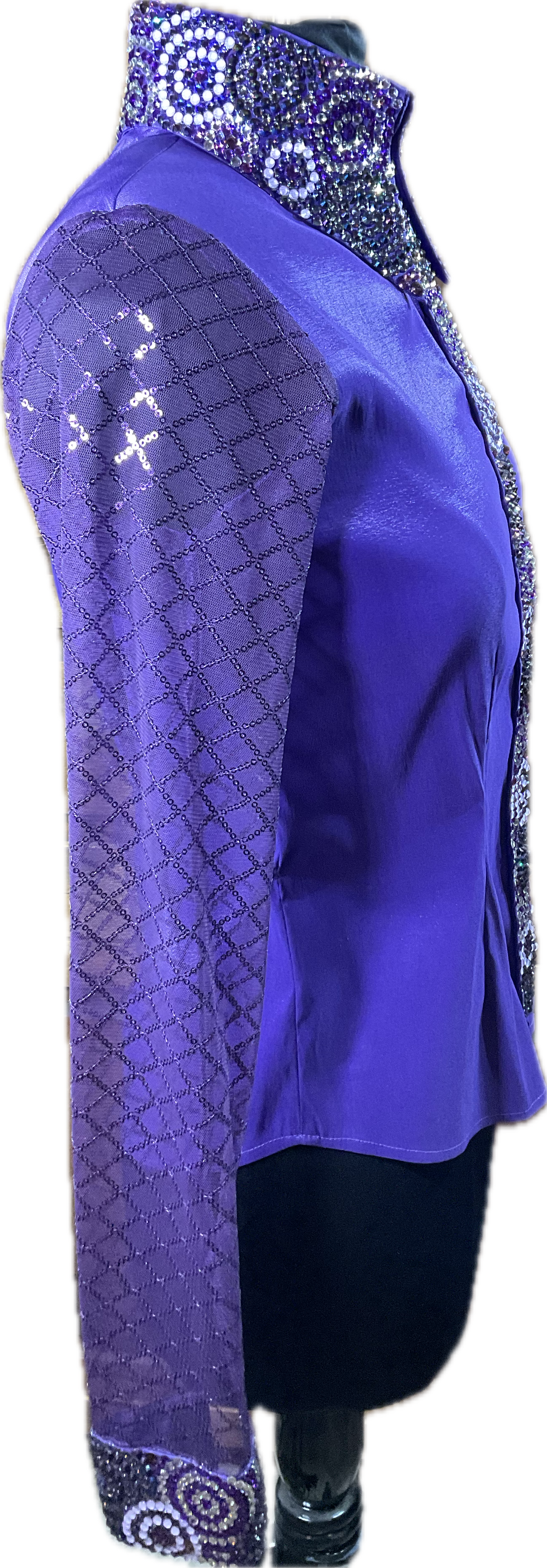 Small purple Stretch Taffeta with freehanded crystal designs and sheer sleeves