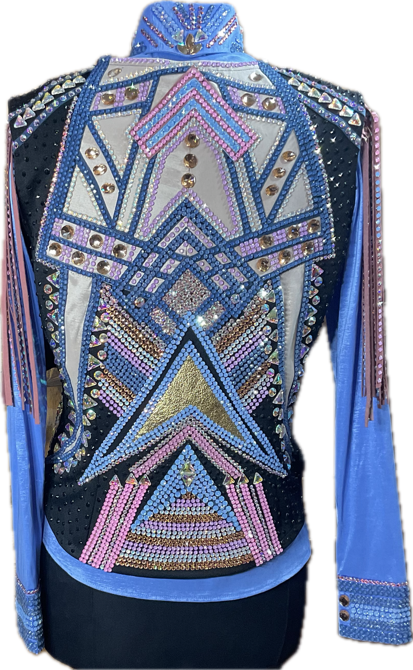 Size medium vest set with periwinkle stretch taffeta matching shirt. Detachable fringe. Pink, blues, cream and gold accents