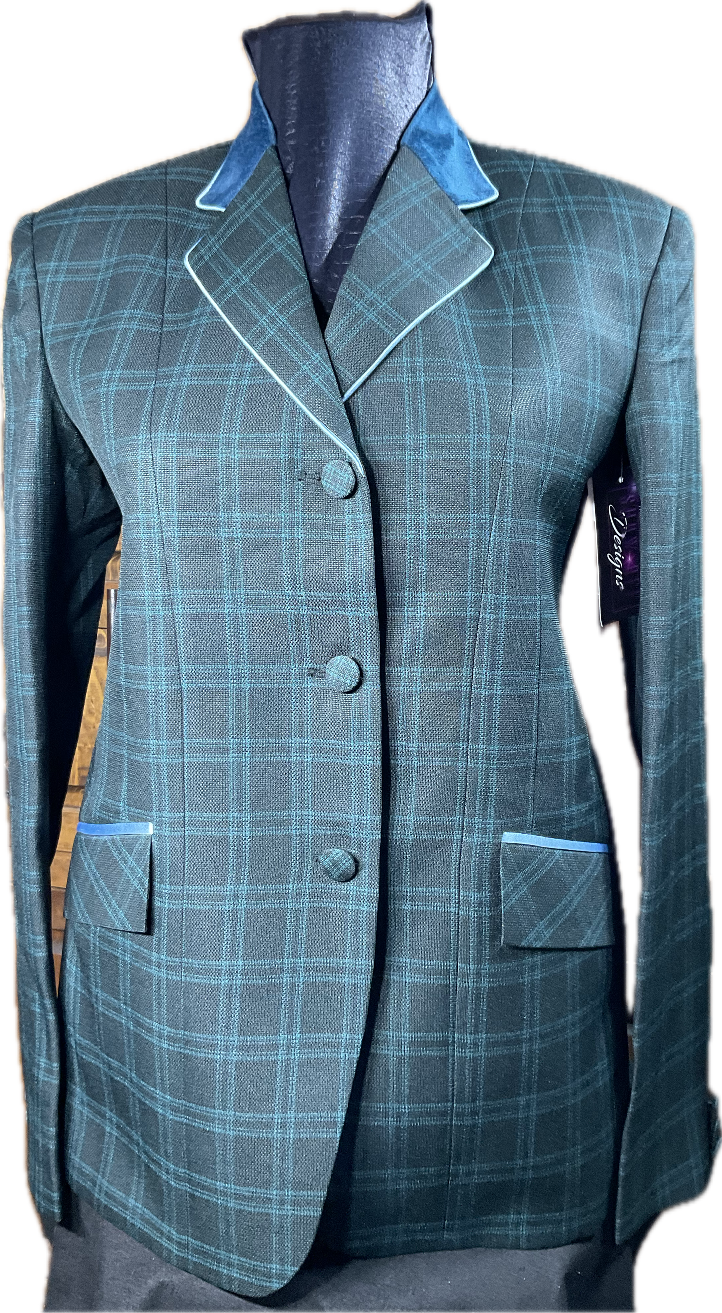 *33 Bust* Hunter green plaid with pale blue trims. Hidden zipper behind the buttons.