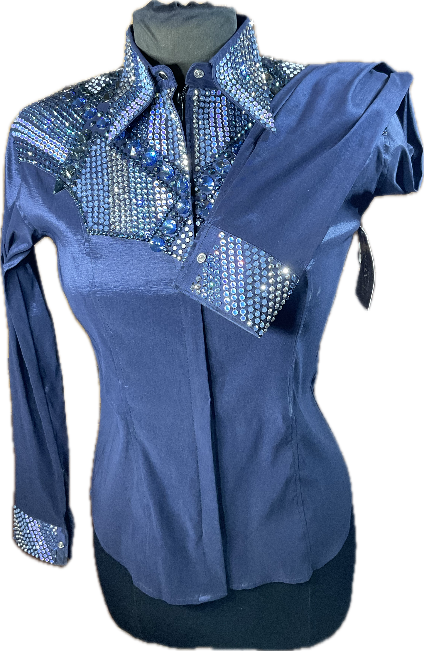 Small navy stretch taffeta day shirt with GORGEOUS crystal designs