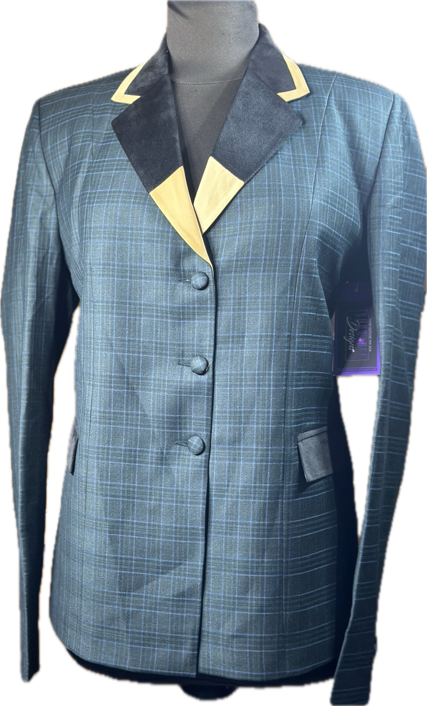 *40 Bust* Hunter green plaid with gold trims. Hidden zipper behind the buttons.