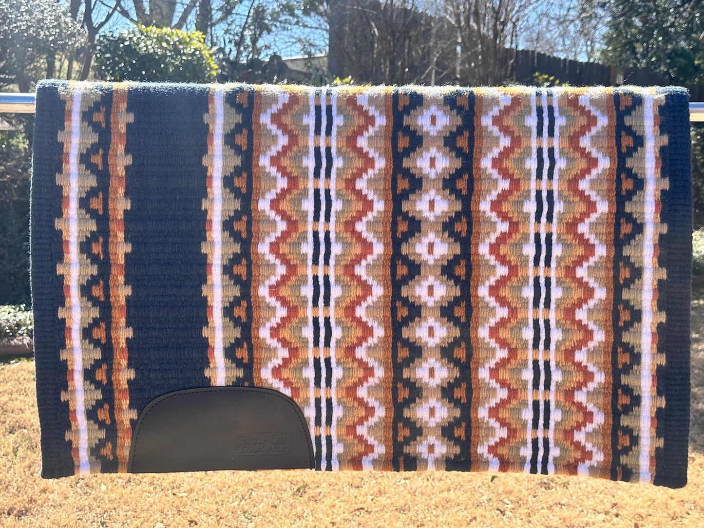 B132 Oversized Saddle Blanket navy, white, rust, indian tan, gold