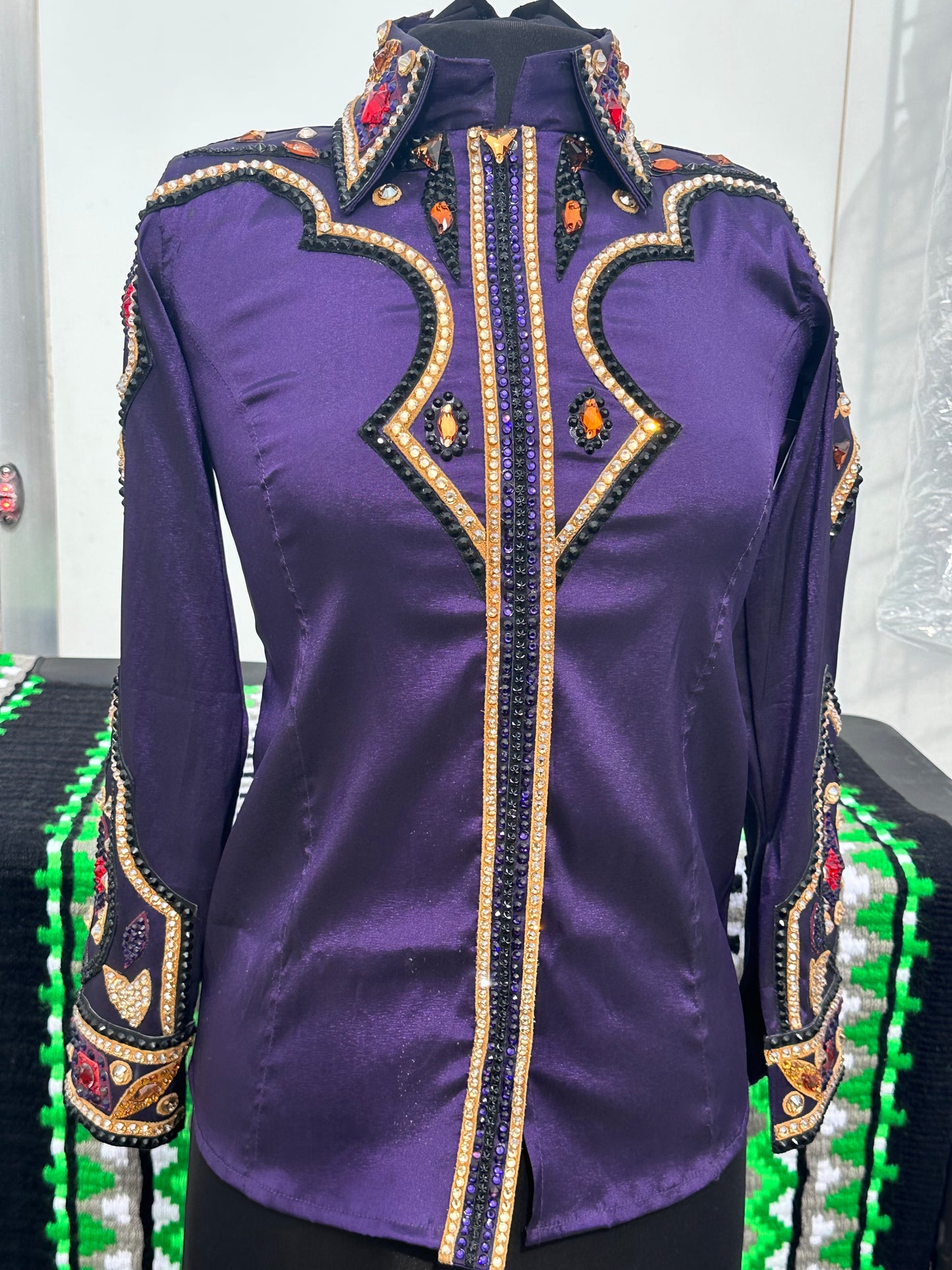 XS day shirt stretch taffeta deep purple french tan black and hints of ruby