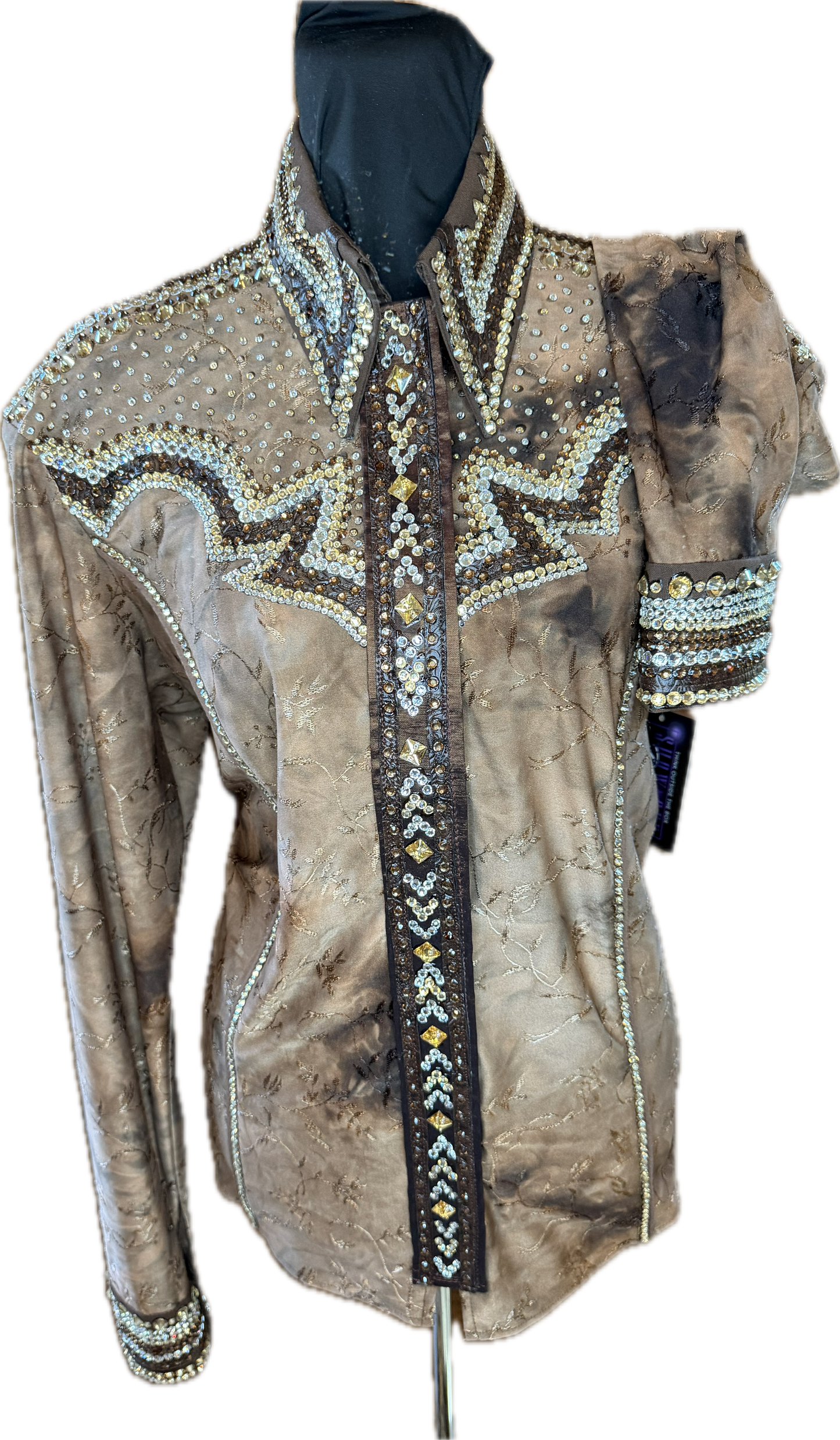 Size Large Brown Printed Lycra Day Shirt with Gold Retro Design