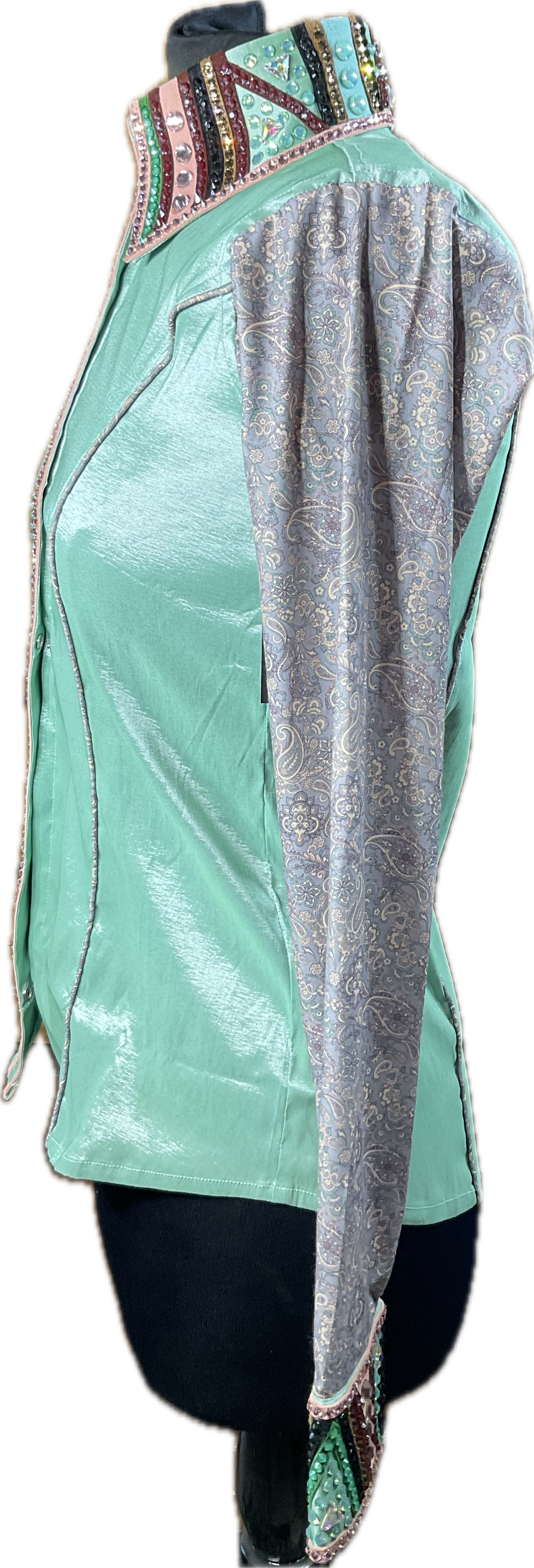 Small Mint stretch taffeta with grey and pink paisley sleeves and trims