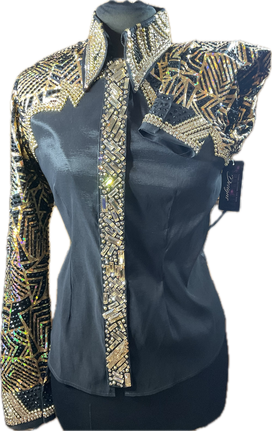 Size Large black stretch taffeta with gold retro design GORGEOUS!