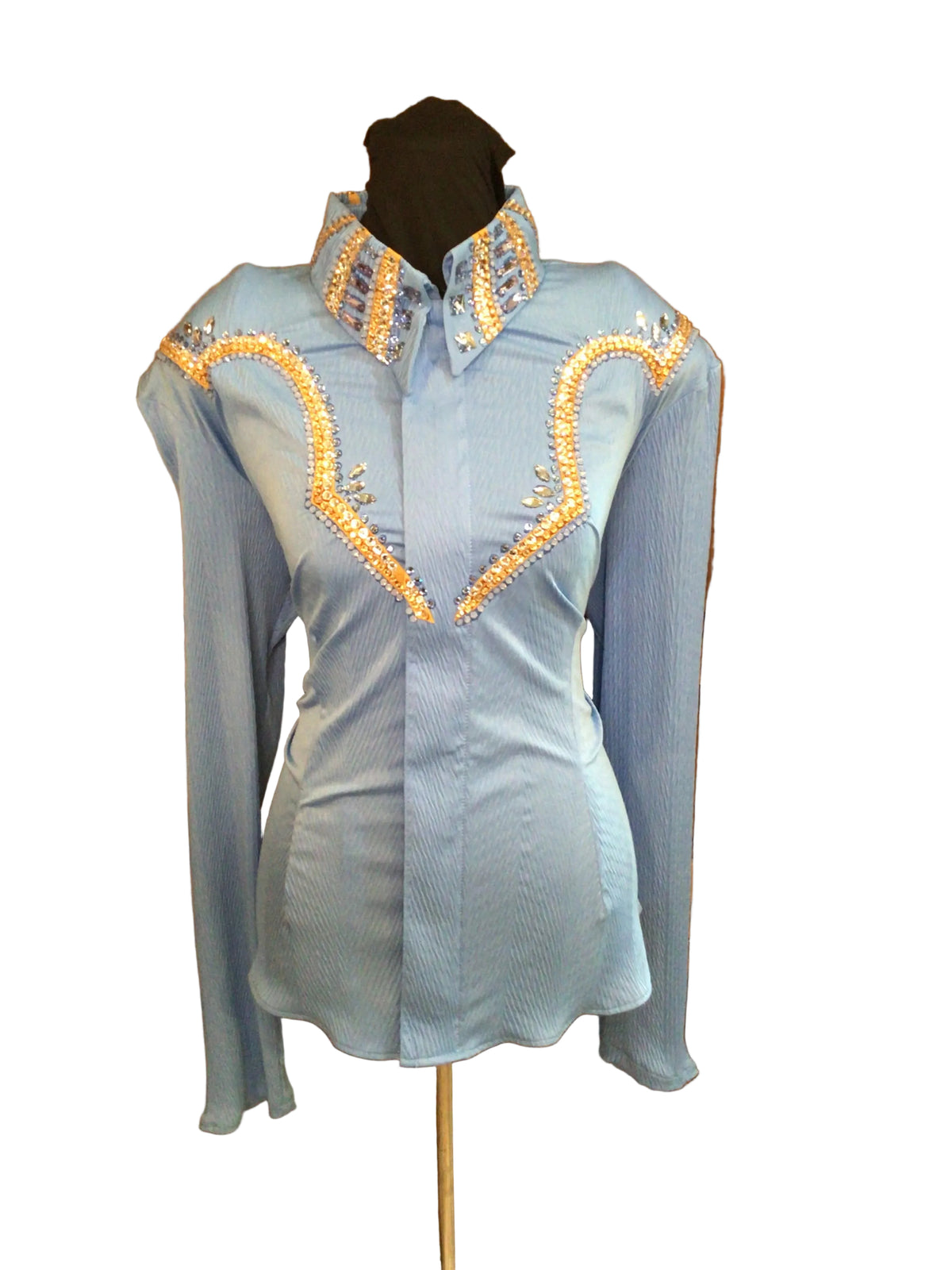 XL Light Blue Textured Stretch Lycra Day Shirt with Gold and Silver Details