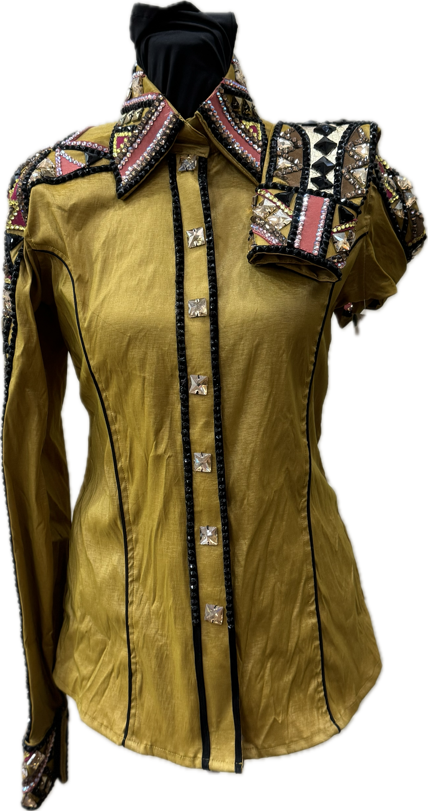 Small Mustard Stretch Taffeta with Black, Pink, Yellow and Chocolate Brown Accents