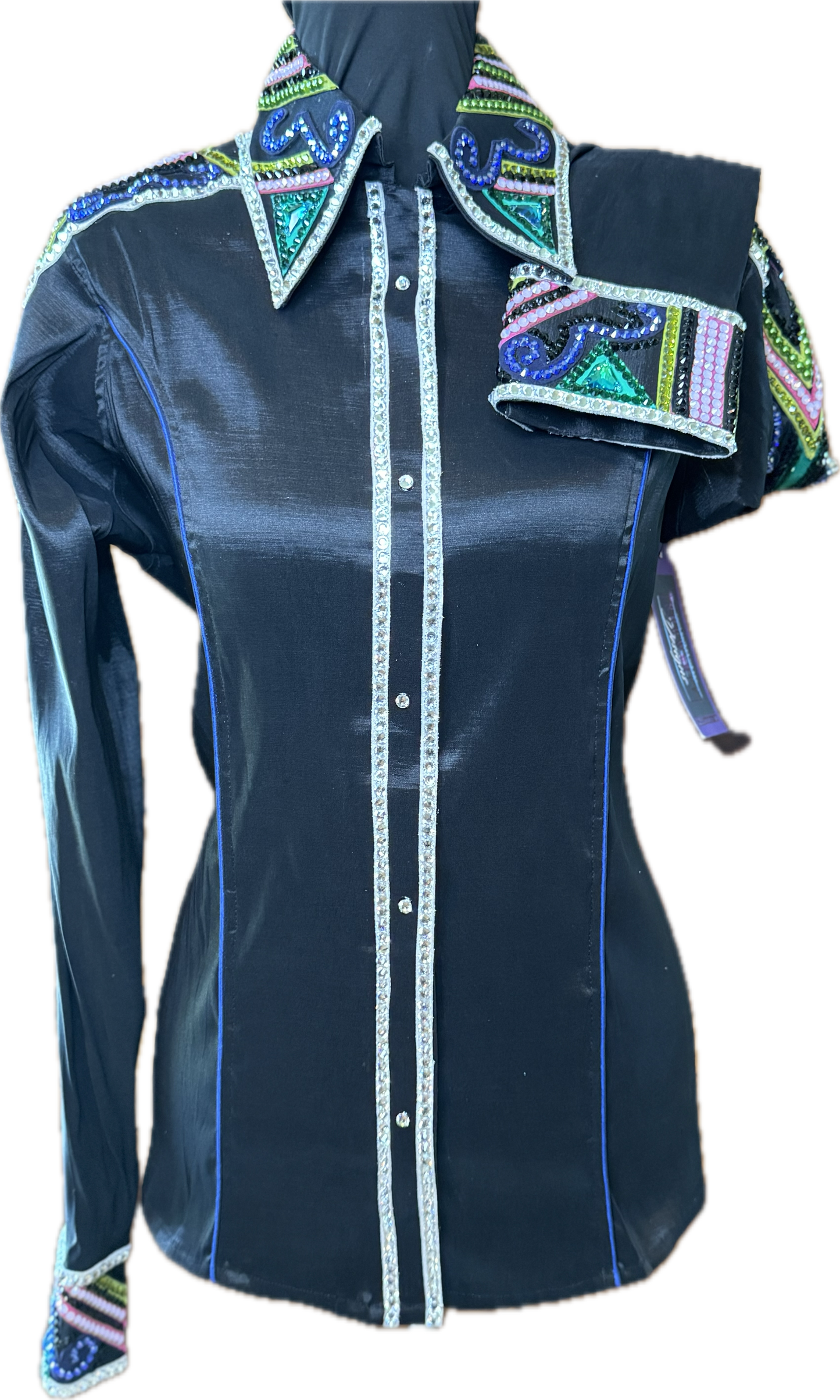 Large Black Stretch Taffeta with Purple, Green, Pink and Silver Accents