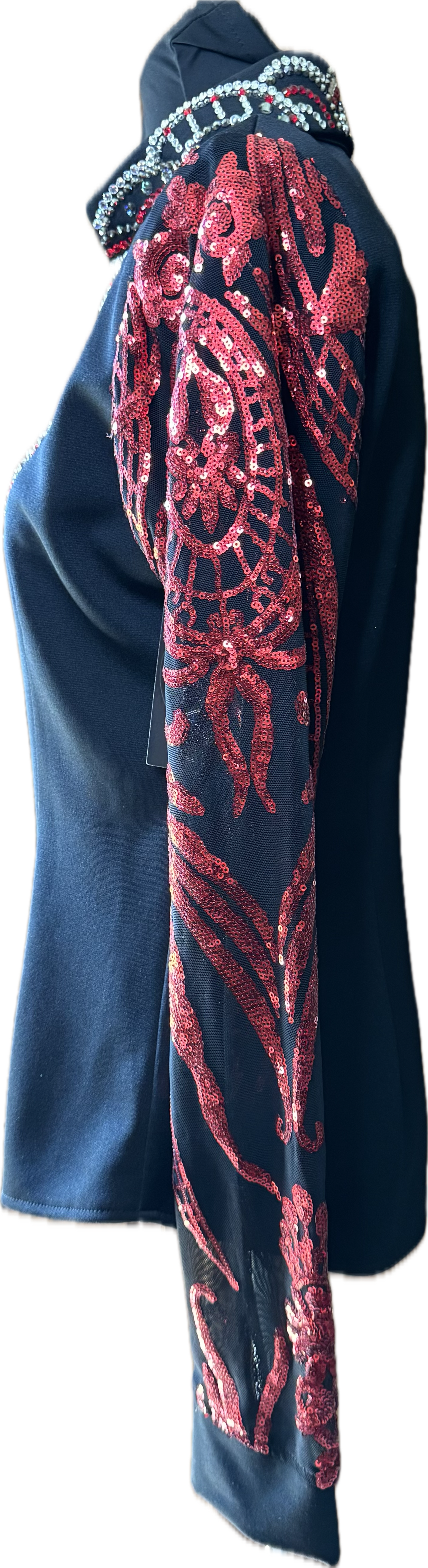 Size small black stratch day shirt with red sequin lace sleeves