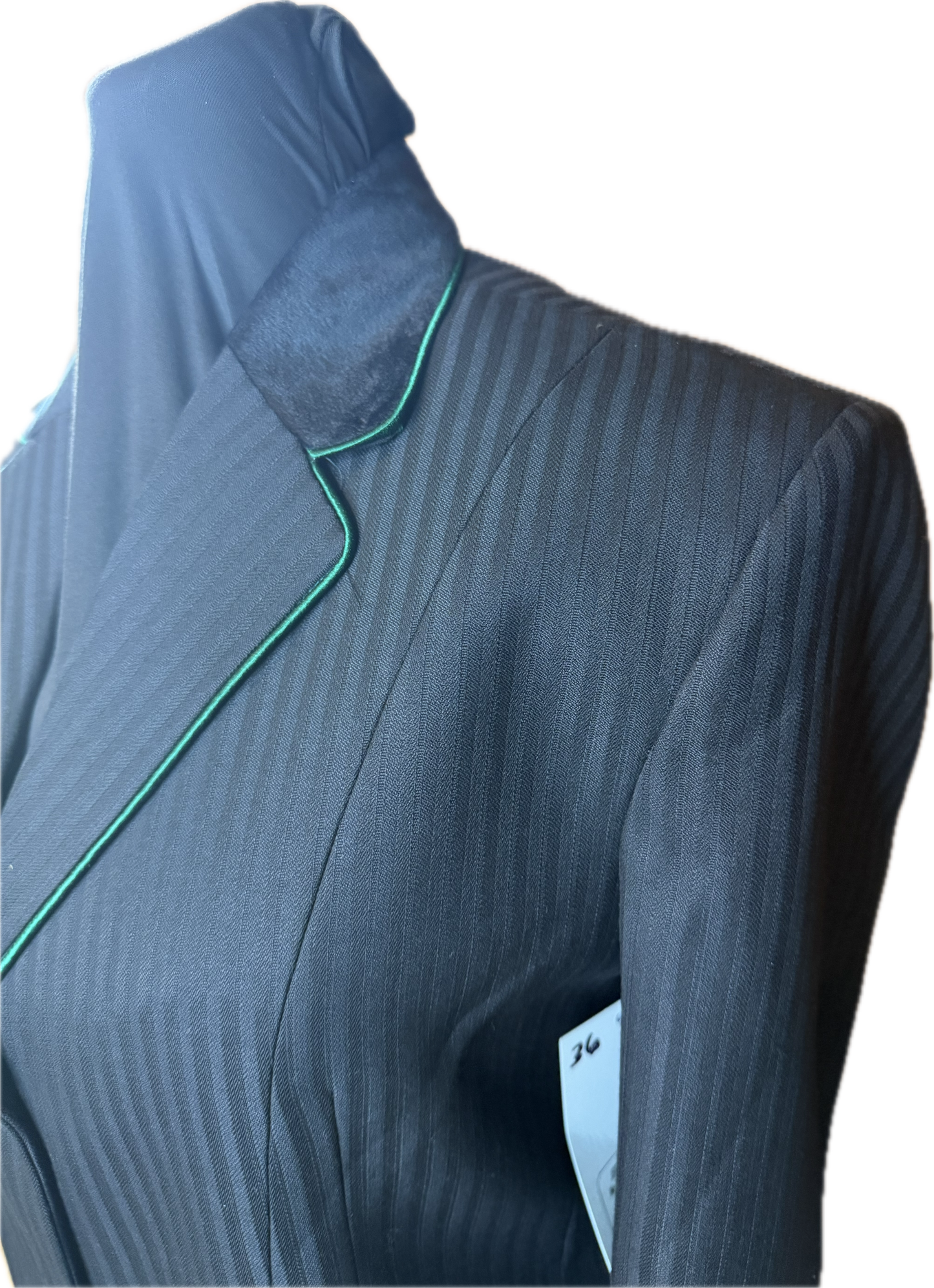 *36 Bust* Black Pin Stripe with Black Velvet Collar and Kelly Green Piping