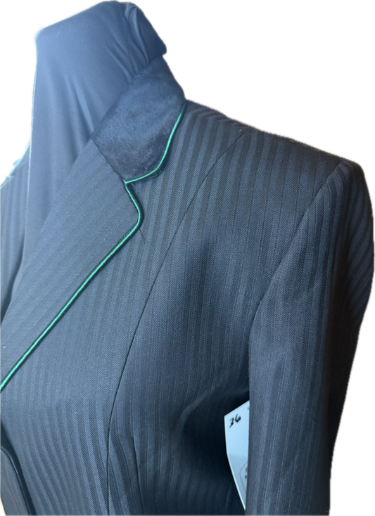 *36 Bust* Black Pin Stripe with Black Velvet Collar and Kelly Green Piping