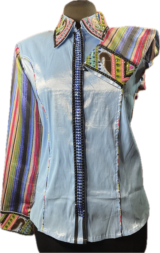 XL sly blue stretch taffeta day shirt with colorful printed sleeves and accents