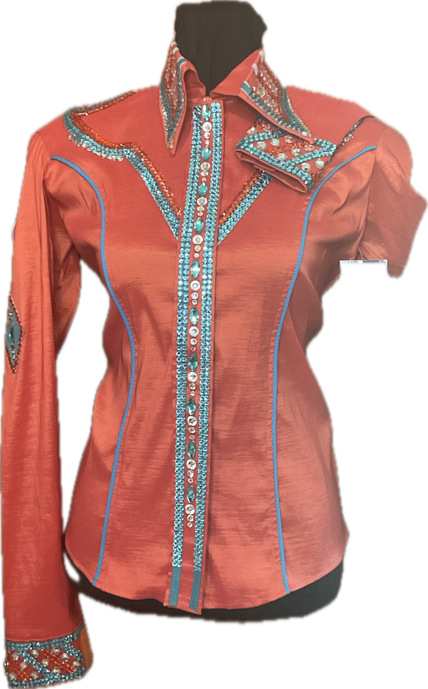Size Medium Orange Stretch Taffeta Day Shirt with Aqua and Silver Details