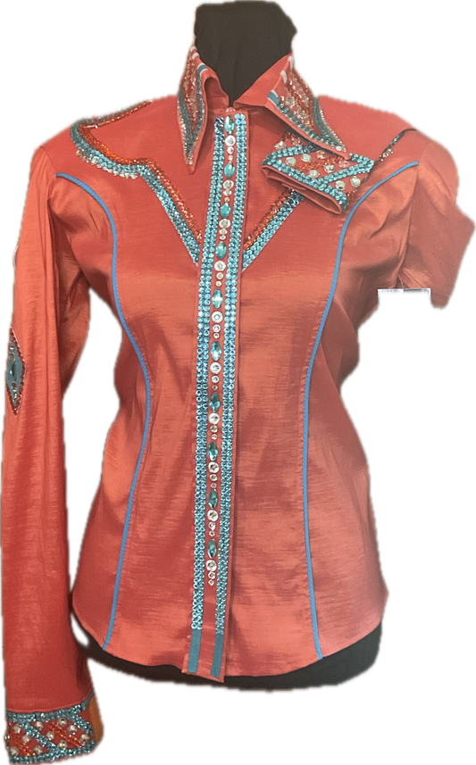 Size Medium Orange Stretch Taffeta Day Shirt with Aqua and Silver Details