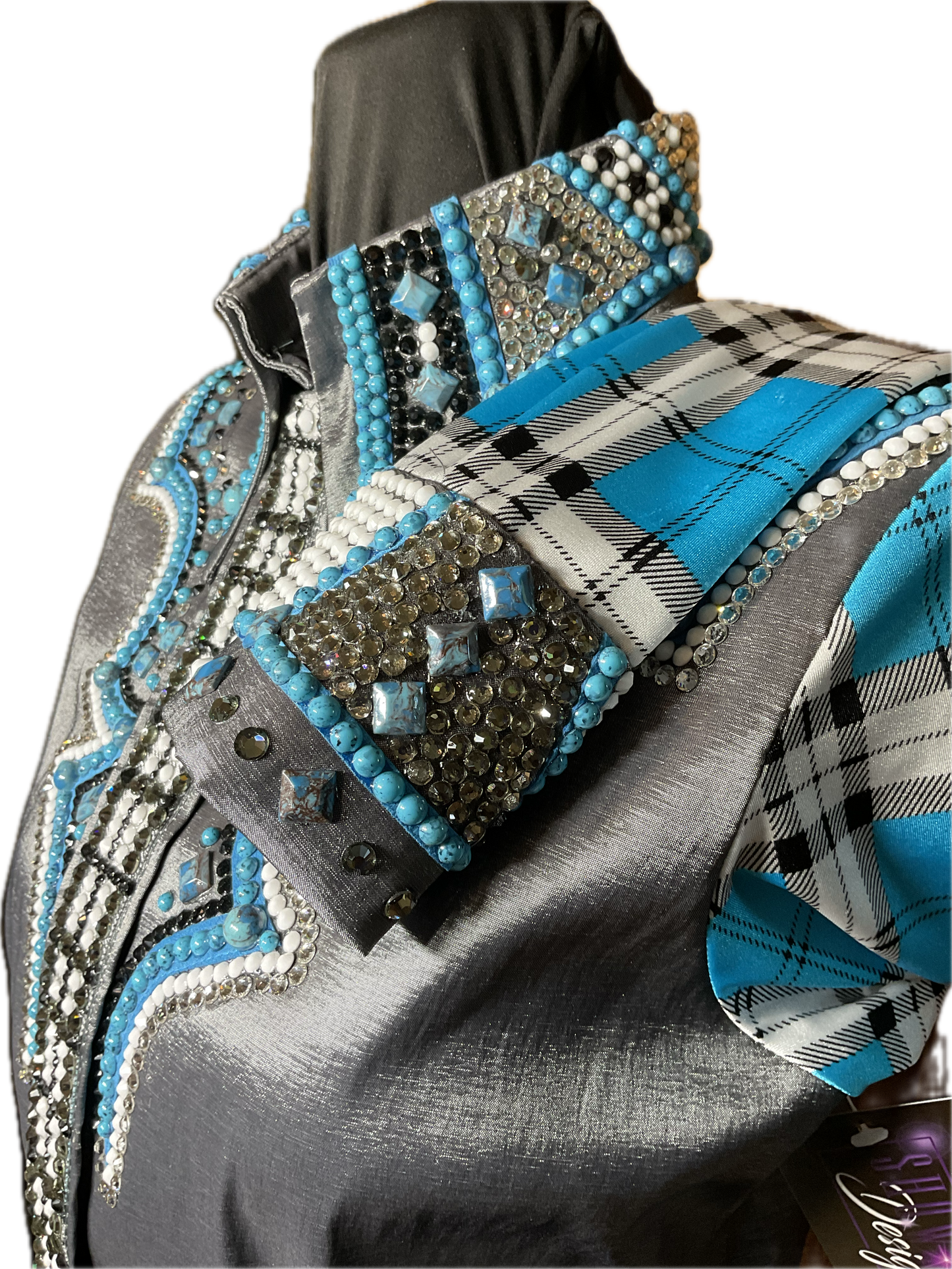 Extra Small Charcoal Stretch Taffeta Reto Style Day Shirt with Plaid Sleeves