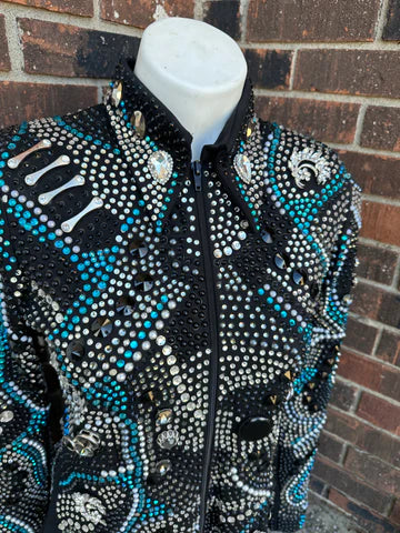 Size small black and teal stunner! Showmanship jacket that you can ride in too!