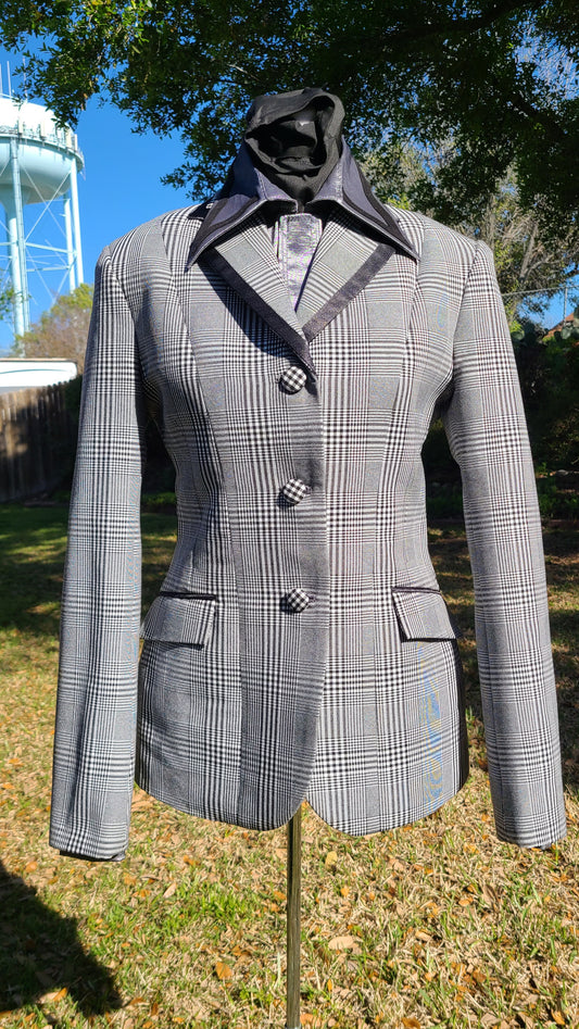Black and white plaid suit with pants/charcoal stretch taffeta shirt size small