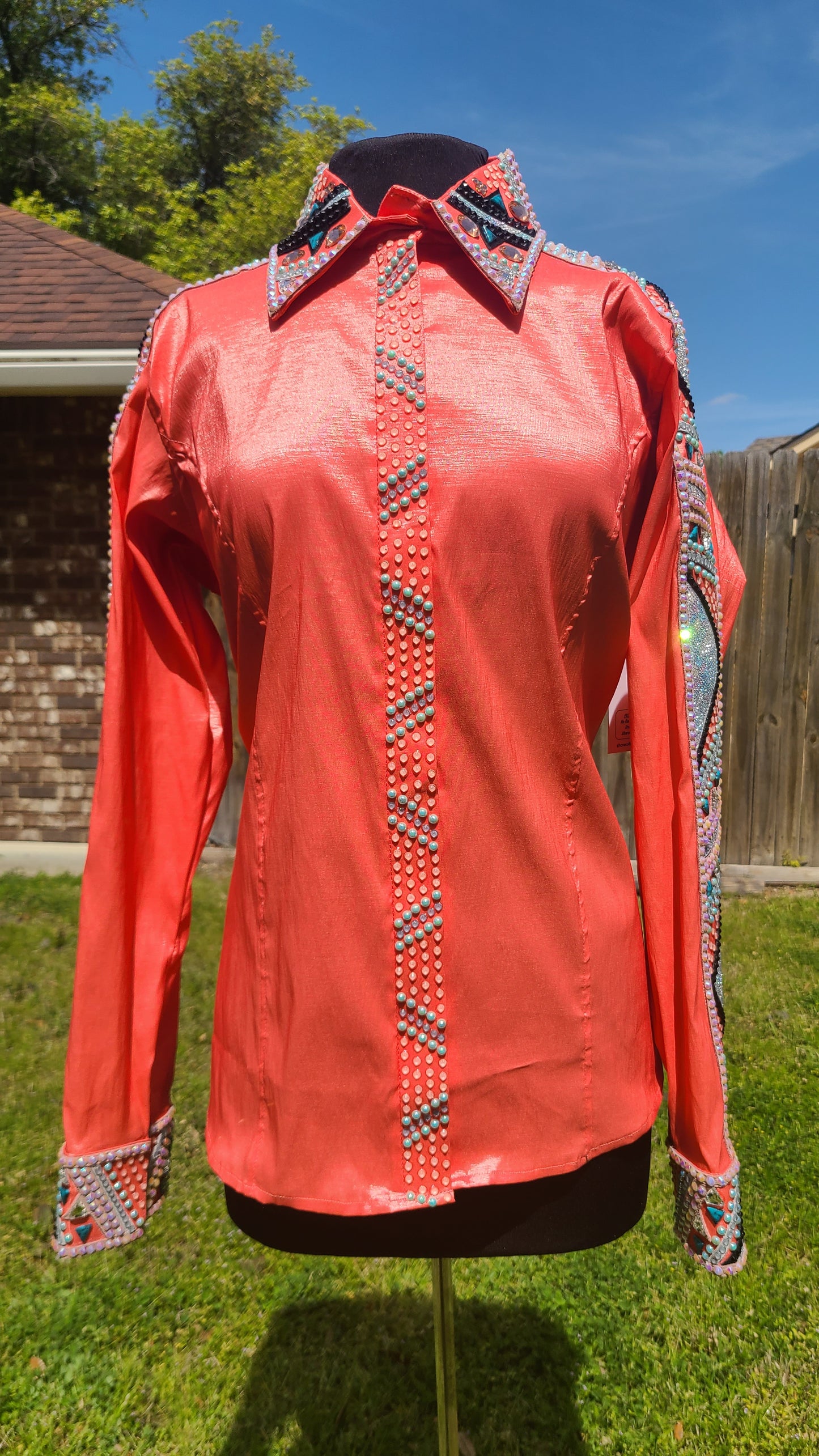 XXL Peach Day Shirt hidden zipper stretch taffeta with turquoise and black