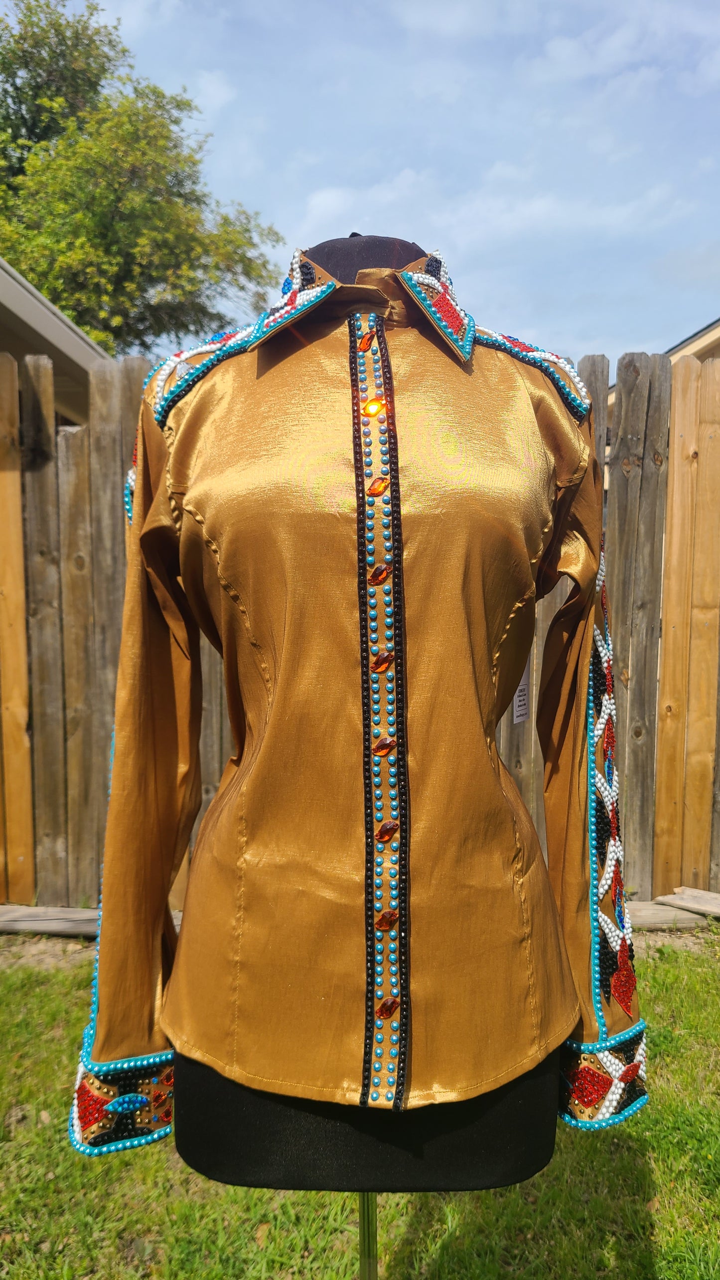 XXL Gold Day Shirt hidden zipper stretch taffeta with Turquoise, Black and burnt orange