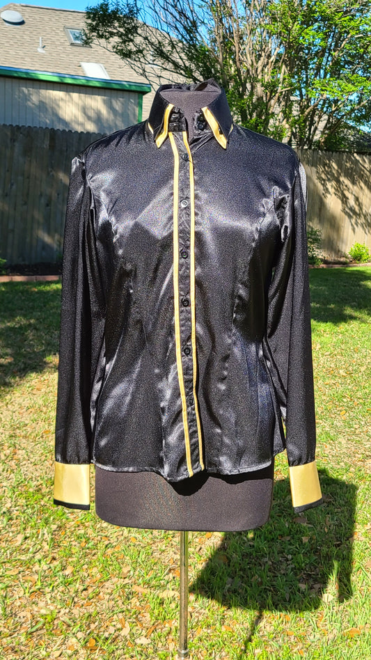 #ZShirt155 Size 10 Womens Western Shirt Black Satin Gold Trim