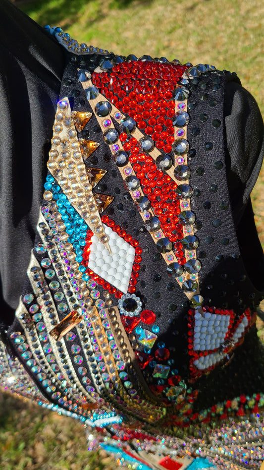 Size small Black Vest, with red, white, aqua and gold