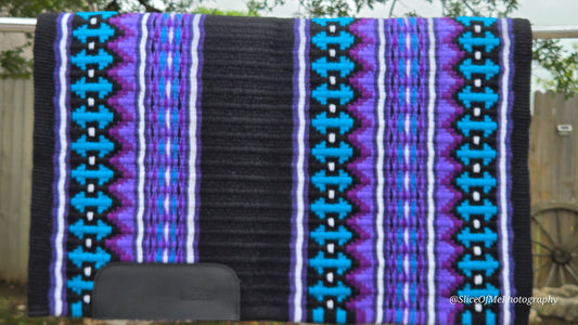 a144- Oversized Saddle blanket Black, White, Turquoise, Show Purple