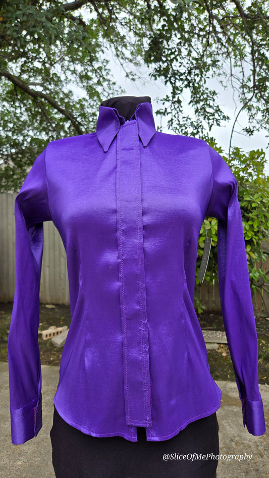 Size small Purple Plain Shirt stretch taffeta Hidden Zipper