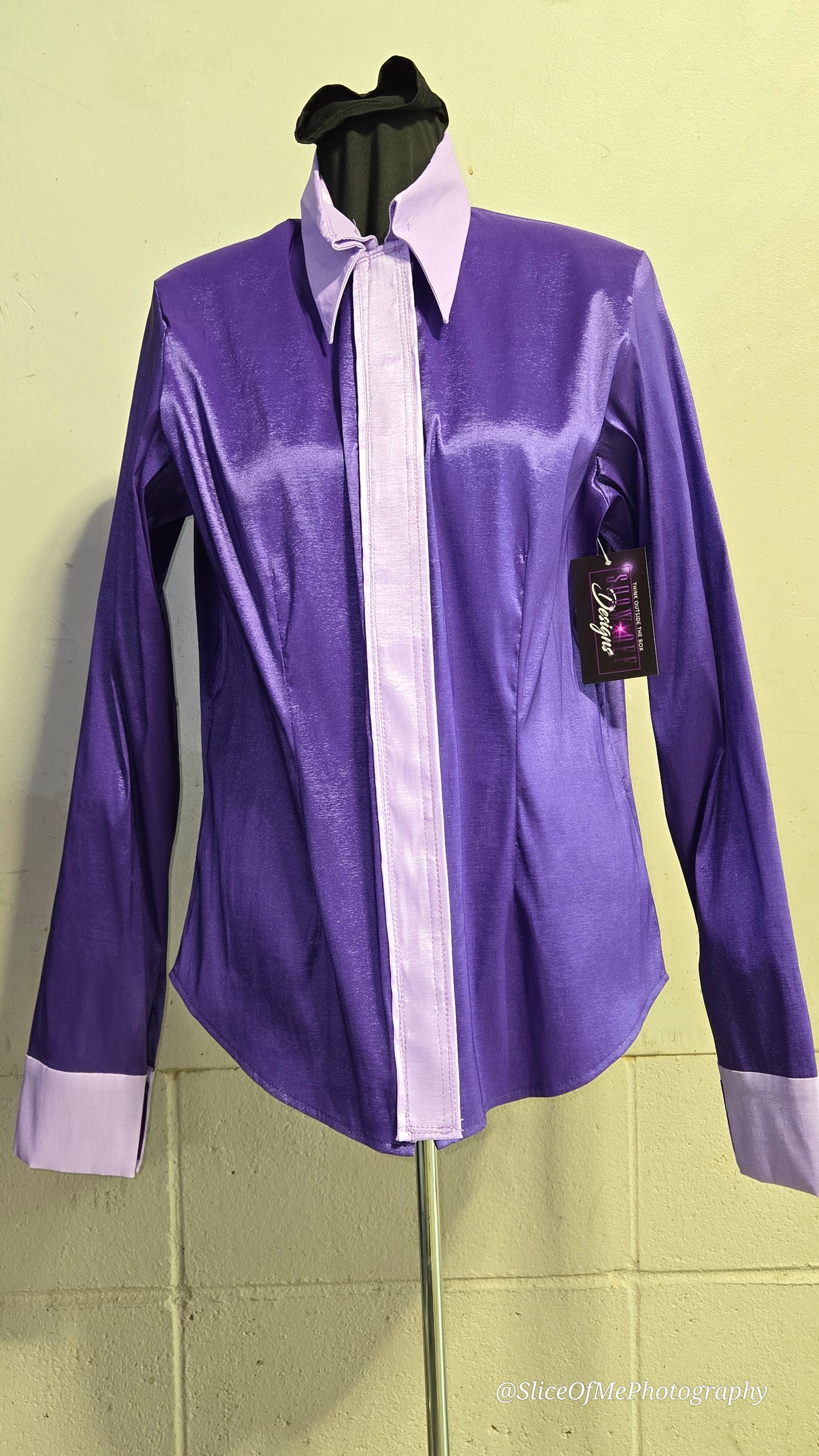 Size small Purple Plain Shirt stretch taffeta with Lavender Trim