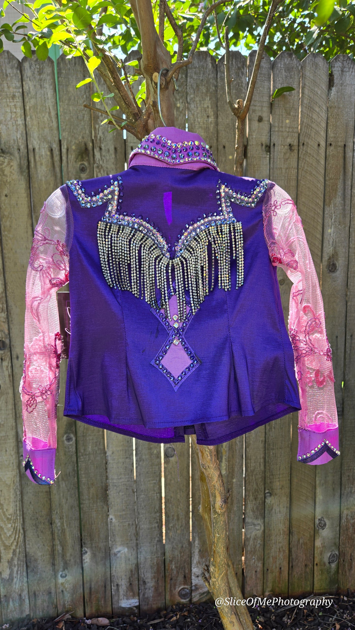 Kids 4 Purple Stretch Taffeta Day Shirt with pink lace sleeves, silver fringe