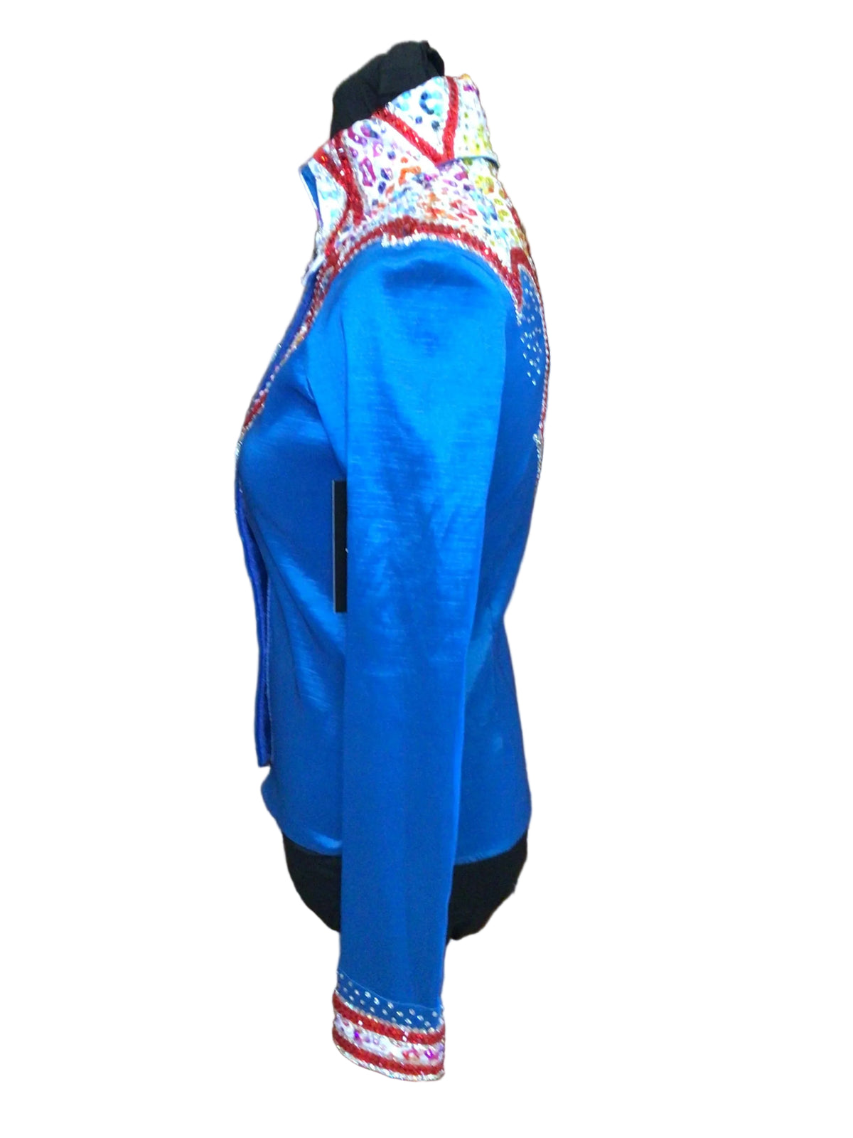 XS Turquiose Stretch Taffeta Day Shirt with Colorful Leopard Print Red Details