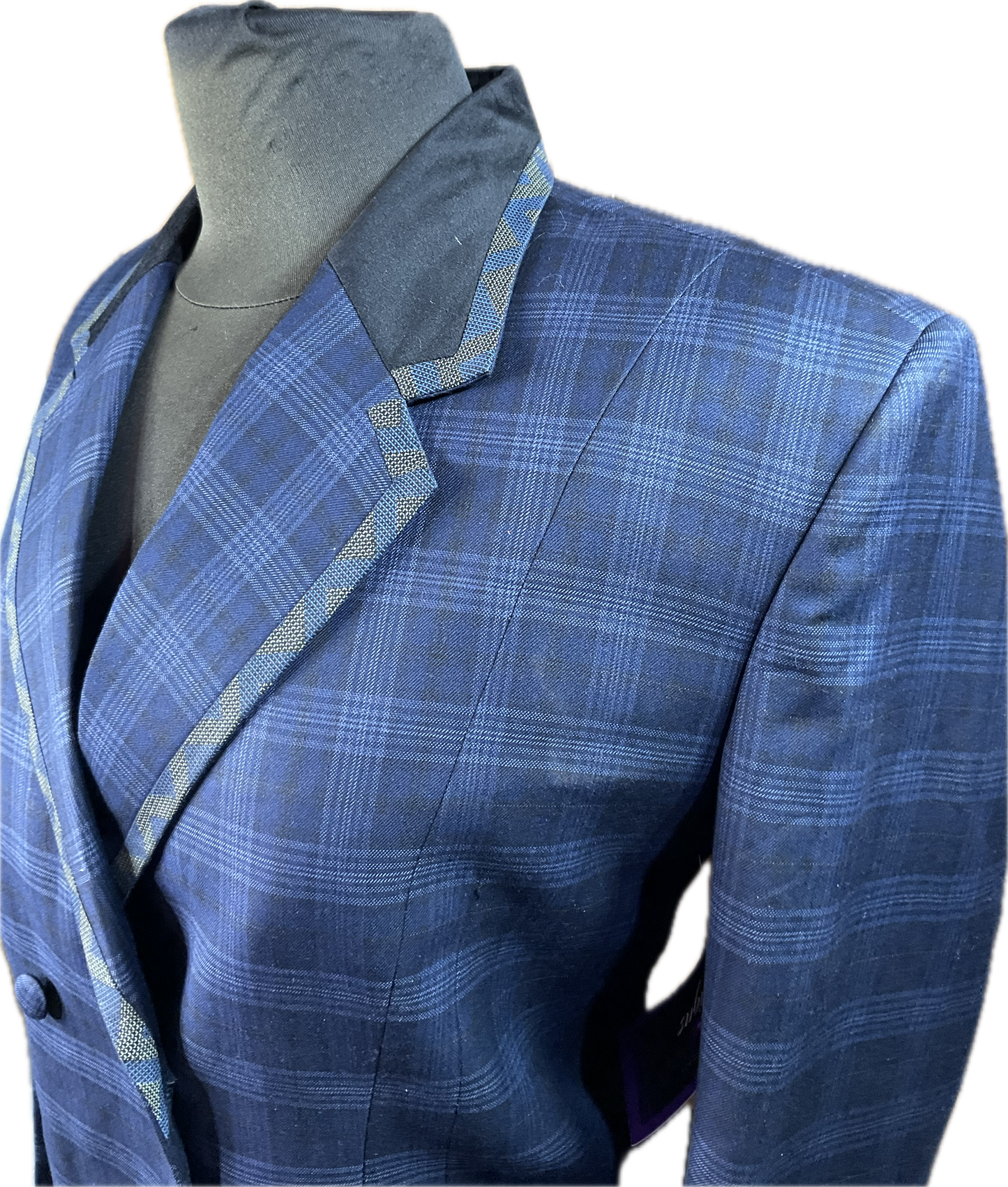 *37 Bust* Halter Coat* Navy plaid, velvet collar and matching print trims with hidden zipper behind the buttons.