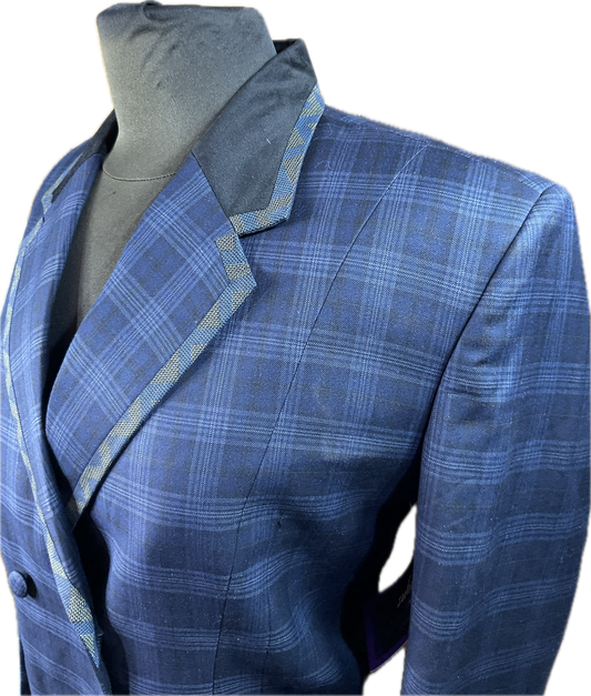 *37 Bust* Halter Coat* Navy plaid, velvet collar and matching print trims with hidden zipper behind the buttons.