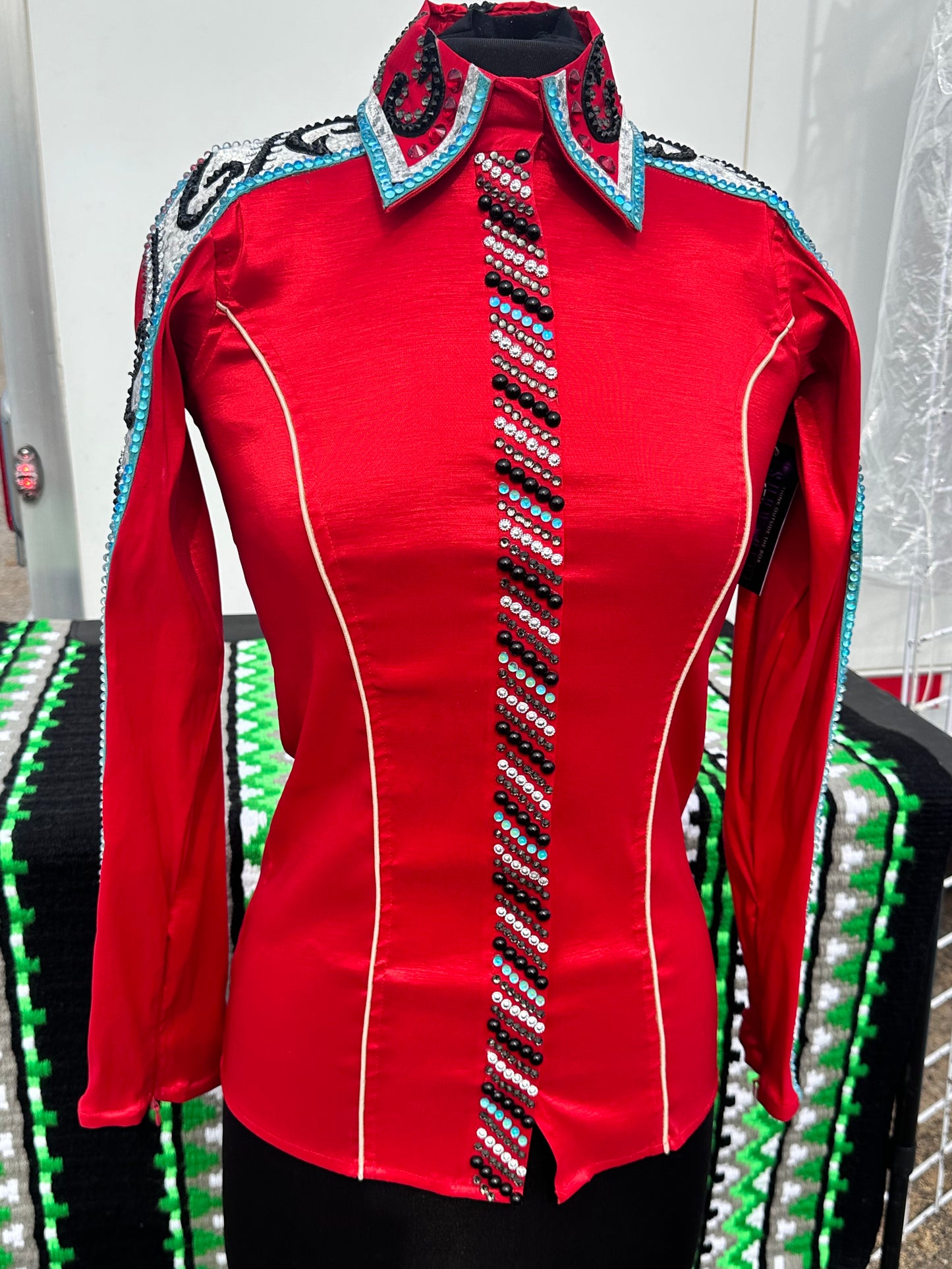 XS day shirt stretch taffeta red with aqua, black and silver accents