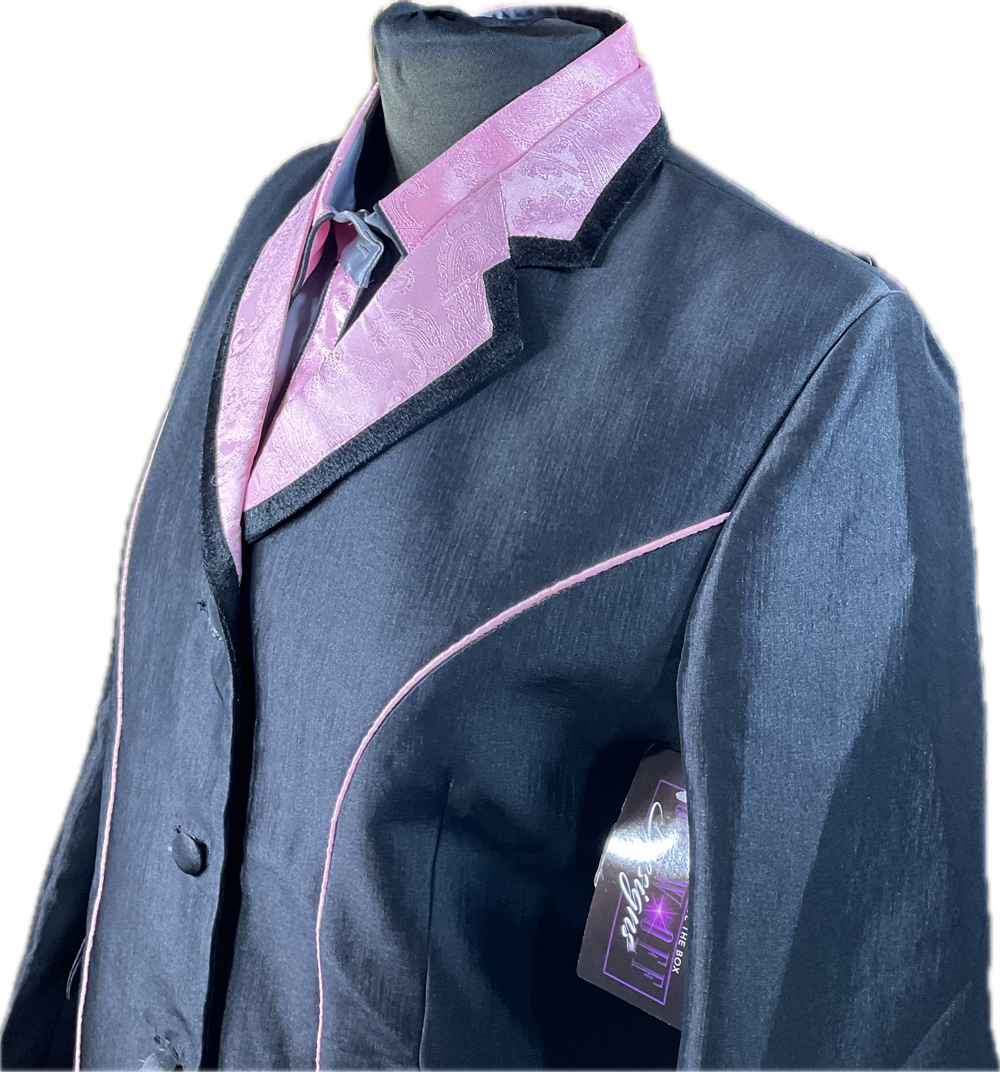 *38 Bust* Black stretch taffeta with pink trims and matching grey and pink shirt, hidden zippers