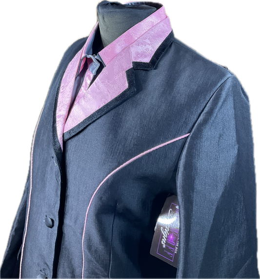 *38 Bust* Black stretch taffeta with pink trims and matching grey and pink shirt, hidden zippers