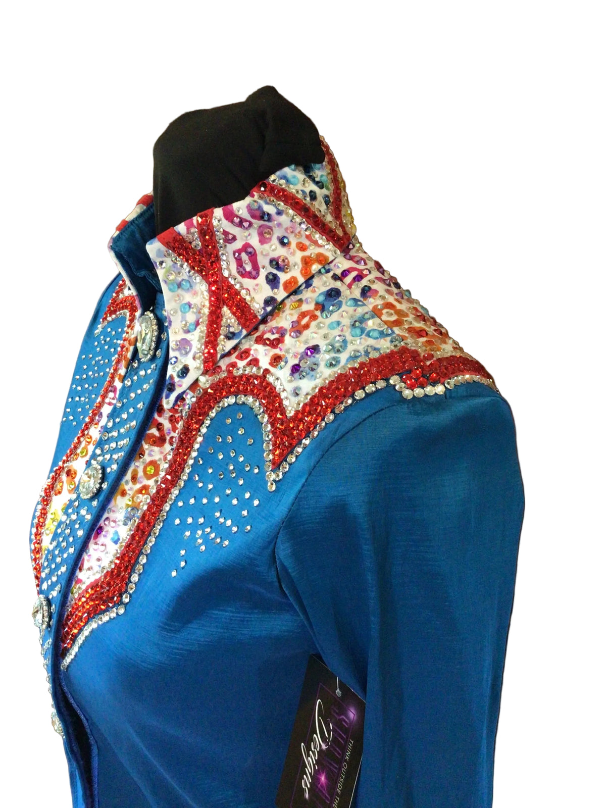 XS Turquiose Stretch Taffeta Day Shirt with Colorful Leopard Print Red Details