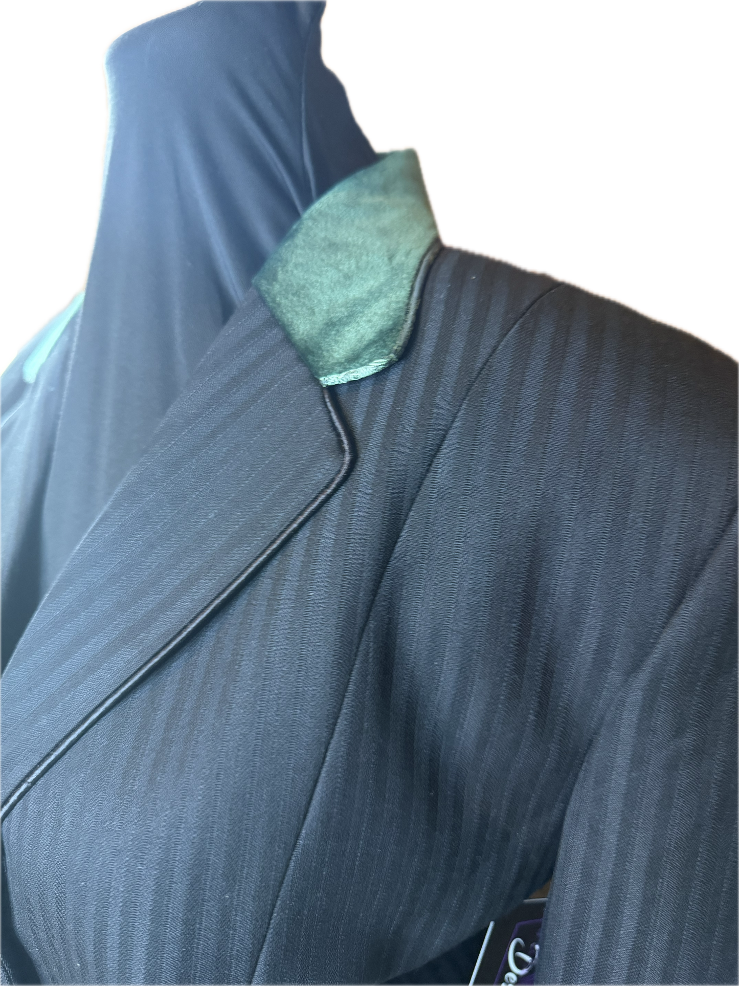 *40 Bust* Black Pin Stripe with Hunter Green Velvet Collar with Matching Trims