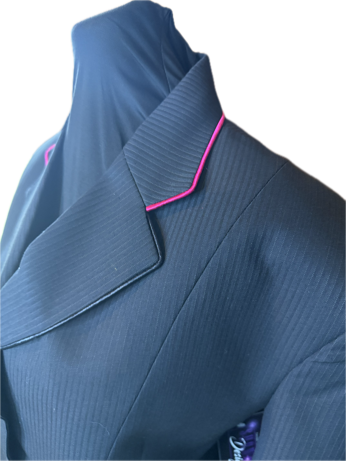 *42 Bust* Black Pin Stripe with Bright Pink Piping on Black Velvet Collar