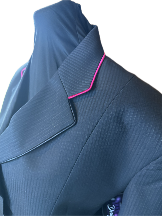 *42 Bust* Black Pin Stripe with Bright Pink Piping on Black Velvet Collar