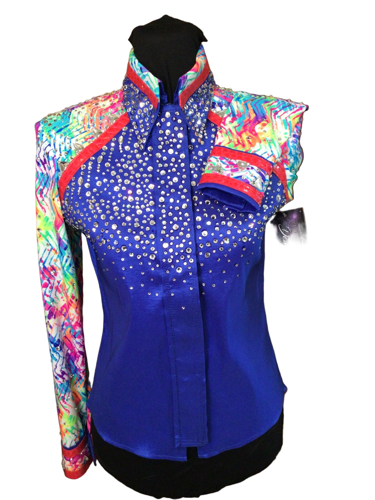 XS Royal Blue Stretch Taffeta Day Shirt with Colorful Print Details