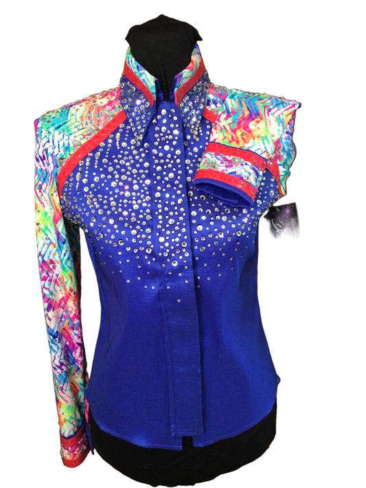 XS Royal Blue Stretch Taffeta Day Shirt with Colorful Print Details